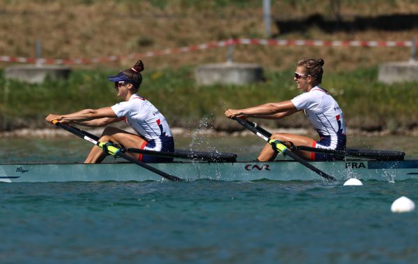 MUNICH, GERMANY - AUGUST 14: Laura Tarantola and Claire Bove of France compete in the Lightweight Women's Double Sculls Final A during the Rowing competition on day 4 of the European Championships Munich 2022 at Munich Olympic Regatta Center