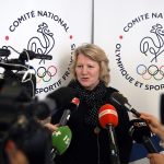 Brigitte Henriques, President of French National Olympic Committee, talks to media during a press conference on April 4, 2023, at Maison du Sport Francais in Paris, France - Photo Jean-Marie Hervio / KMSP (Photo by HERVIO Jean-Marie / KMSP / KMSP via AFP)
