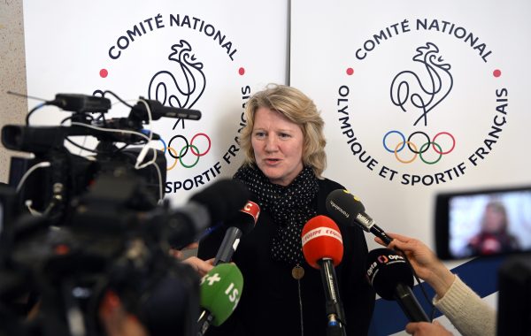 Brigitte Henriques, President of French National Olympic Committee, talks to media during a press conference on April 4, 2023, at Maison du Sport Francais in Paris, France - Photo Jean-Marie Hervio / KMSP (Photo by HERVIO Jean-Marie / KMSP / KMSP via AFP)