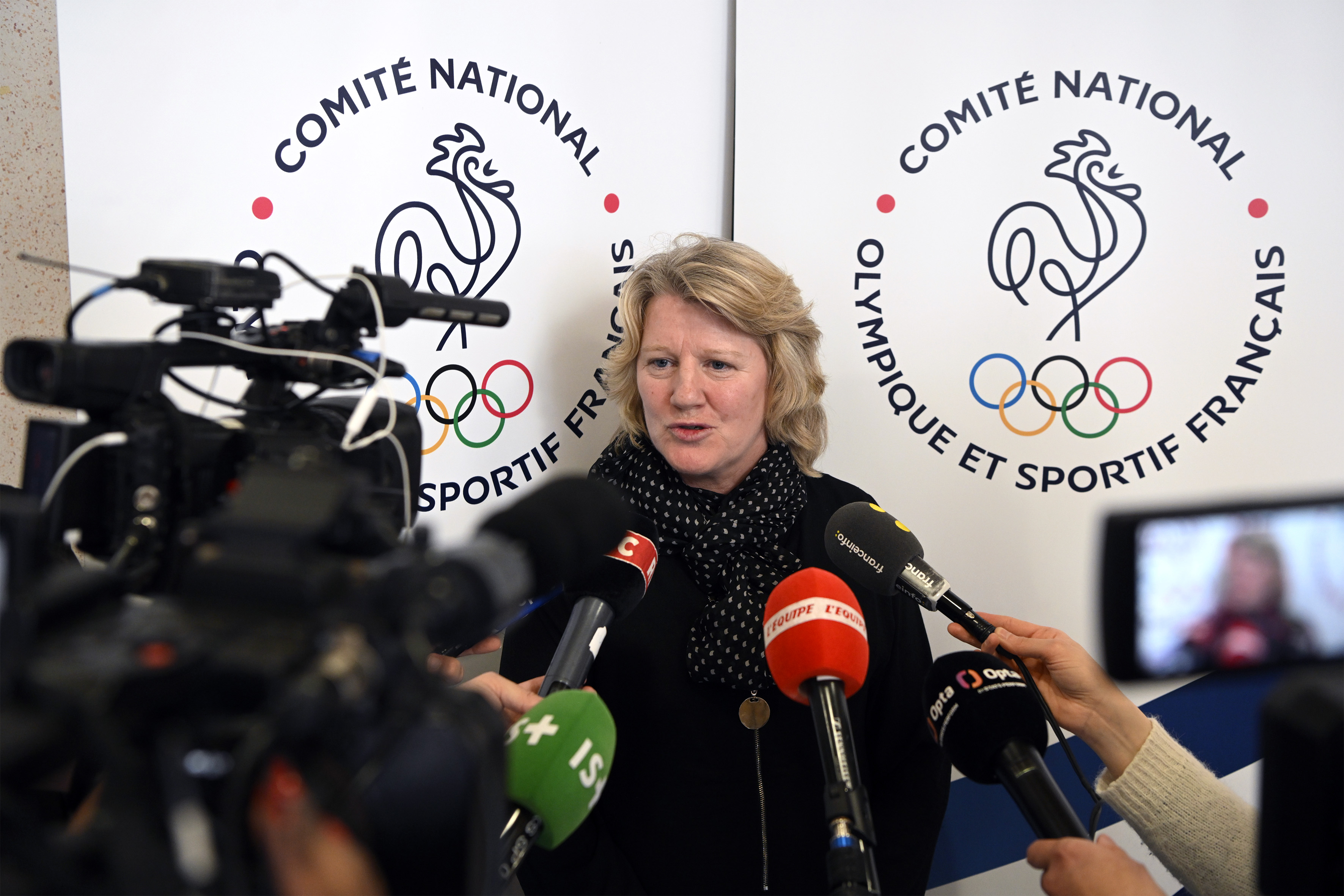 Brigitte Henriques, President of French National Olympic Committee, talks to media during a press conference on April 4, 2023, at Maison du Sport Francais in Paris, France - Photo Jean-Marie Hervio / KMSP (Photo by HERVIO Jean-Marie / KMSP / KMSP via AFP)