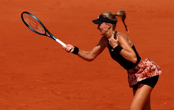 PARIS, FRANCE - MAY 29: Kristina Mladenovic of France plays a forehand against Karla Day of United States during their Women's Singles First Round Match on Day Two of the 2023 French Open at Roland Garros on May 29, 2023 in Paris, France.