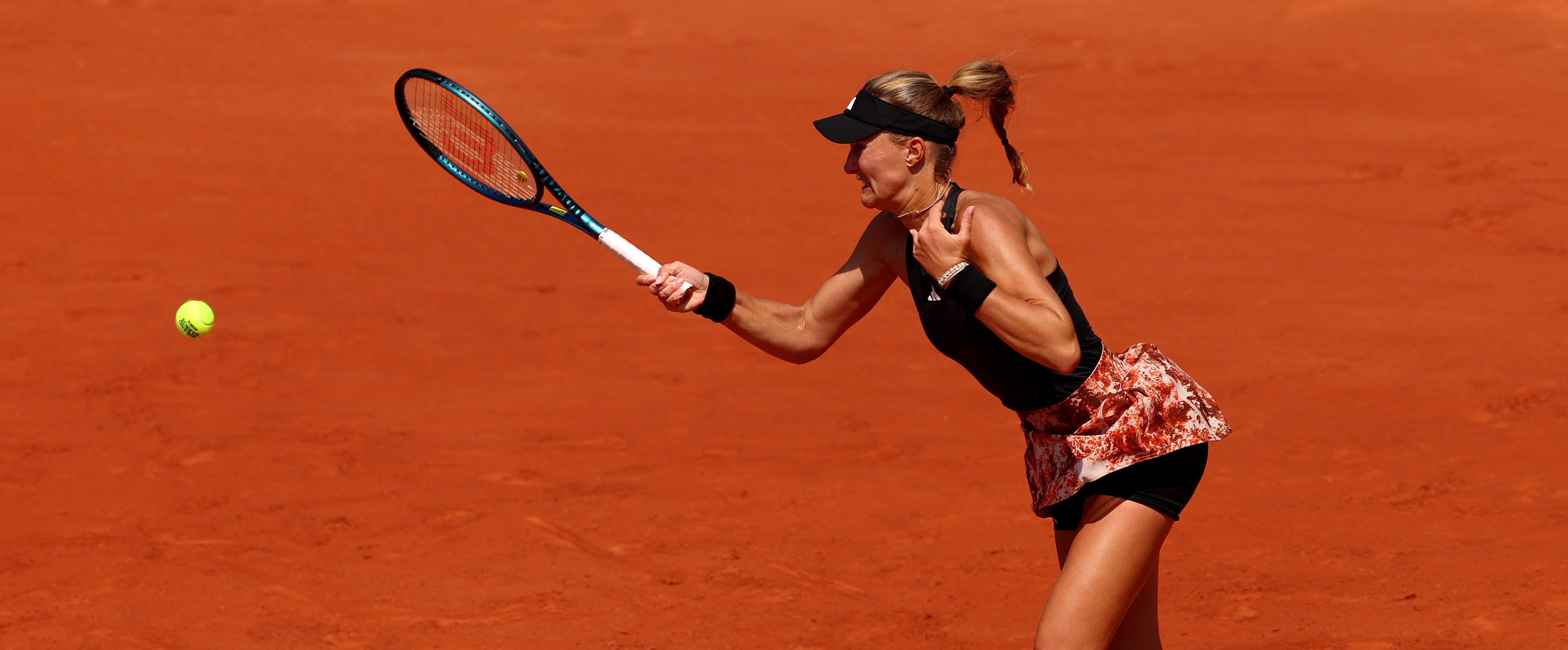 PARIS, FRANCE - MAY 29: Kristina Mladenovic of France plays a forehand against Karla Day of United States during their Women's Singles First Round Match on Day Two of the 2023 French Open at Roland Garros on May 29, 2023 in Paris, France.