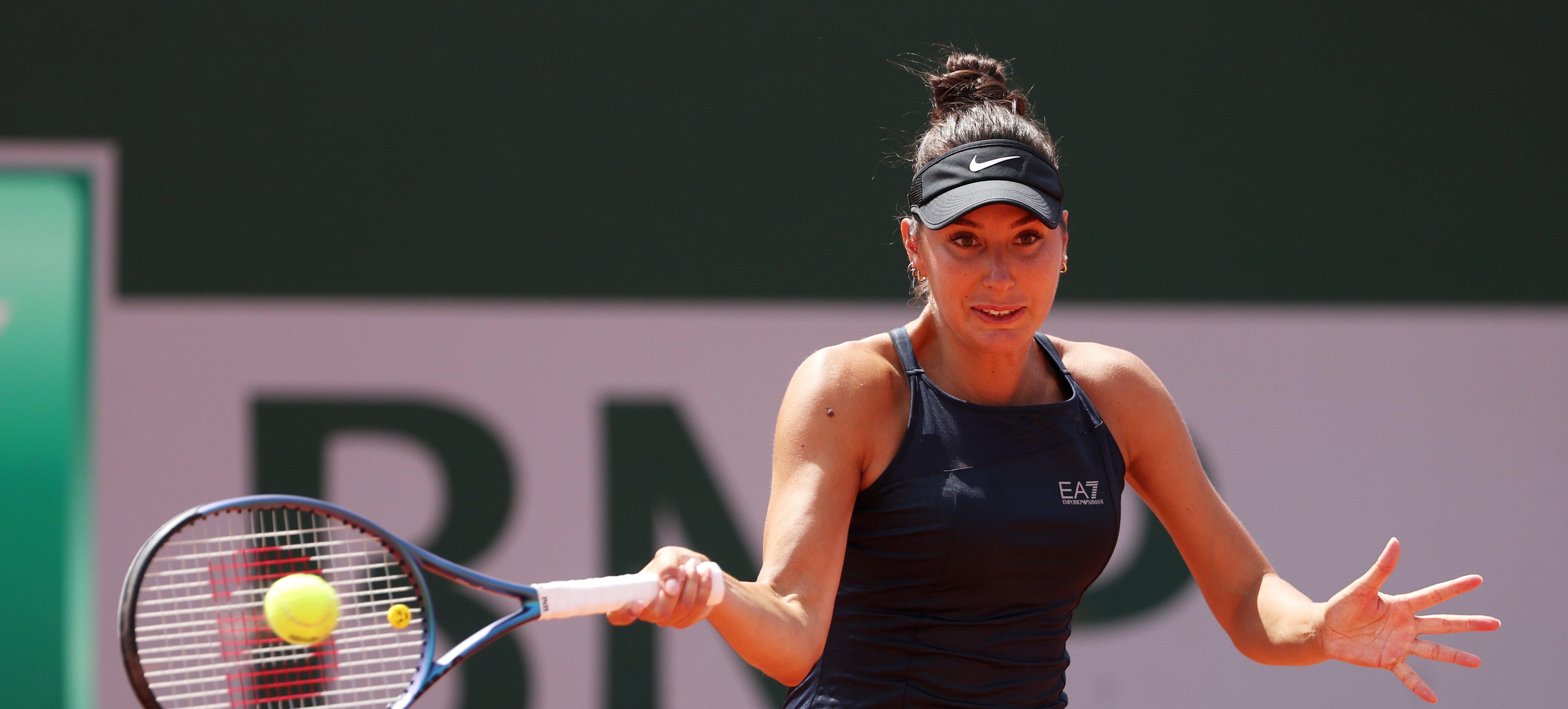 PARIS, FRANCE - MAY 30: Oceane Dodin of France plays a forehand against Selena Janicijevic of France during their Women's Singles First Round Match on Day Three of the 2023 French Open at Roland Garros on May 30, 2023 in Paris, France.