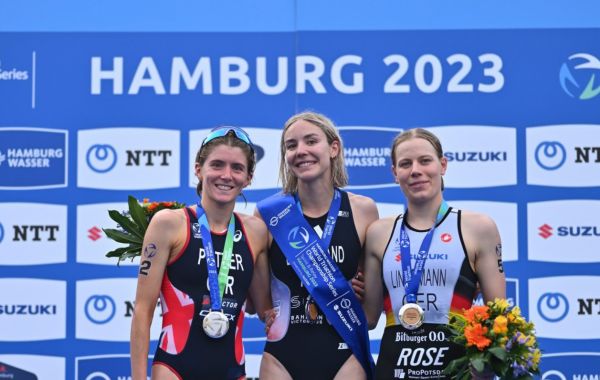 Le podium du Super Sprint avec Cassandre Beaugrand sur la plus haute marche @World Triathlon