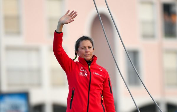 LES SABLES D’OLONNE, FRANCE - NOVEMBER 8: Initiatives Coeur, skipper Sam Davies(GBR) is illustrated in the channel before the start of the Vendee Globe sailing race in les Sables d’Olonne, France, on November 8, 2020. (Photo by Olivier Blanchet/Alea)